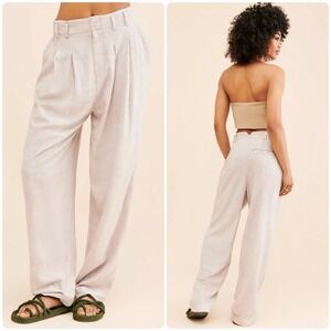 Free People Neutral Beachy Linen Blend Wide Leg‎ Calla Pleated Trousers Pants 12